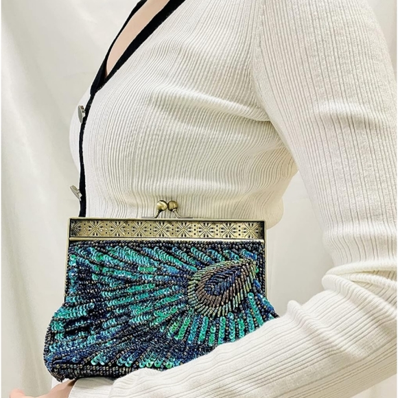 Peacock Feather 20s 30s Retro Sequin Clutch Purse Blue Evening Bag Chain Strap - Picture 11 of 11